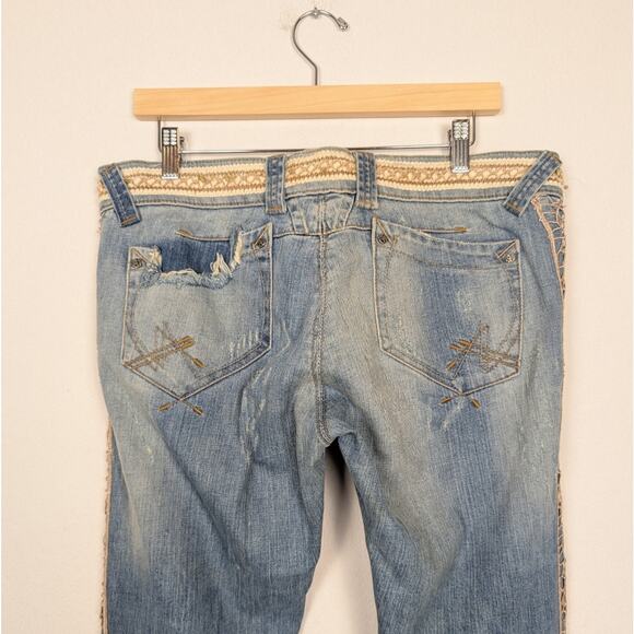 Vintage Allen B. Y2K Patchwork Lace Cream Floral Flare Jeans Size 32 - Picture 5 of 8